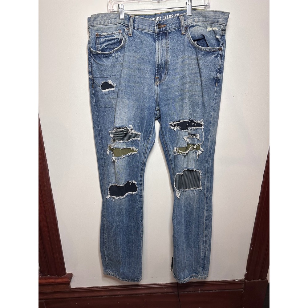 Nautica Jeans Co Mens 38x34 Distressed Patched Straight Leg Denim Blue Pants